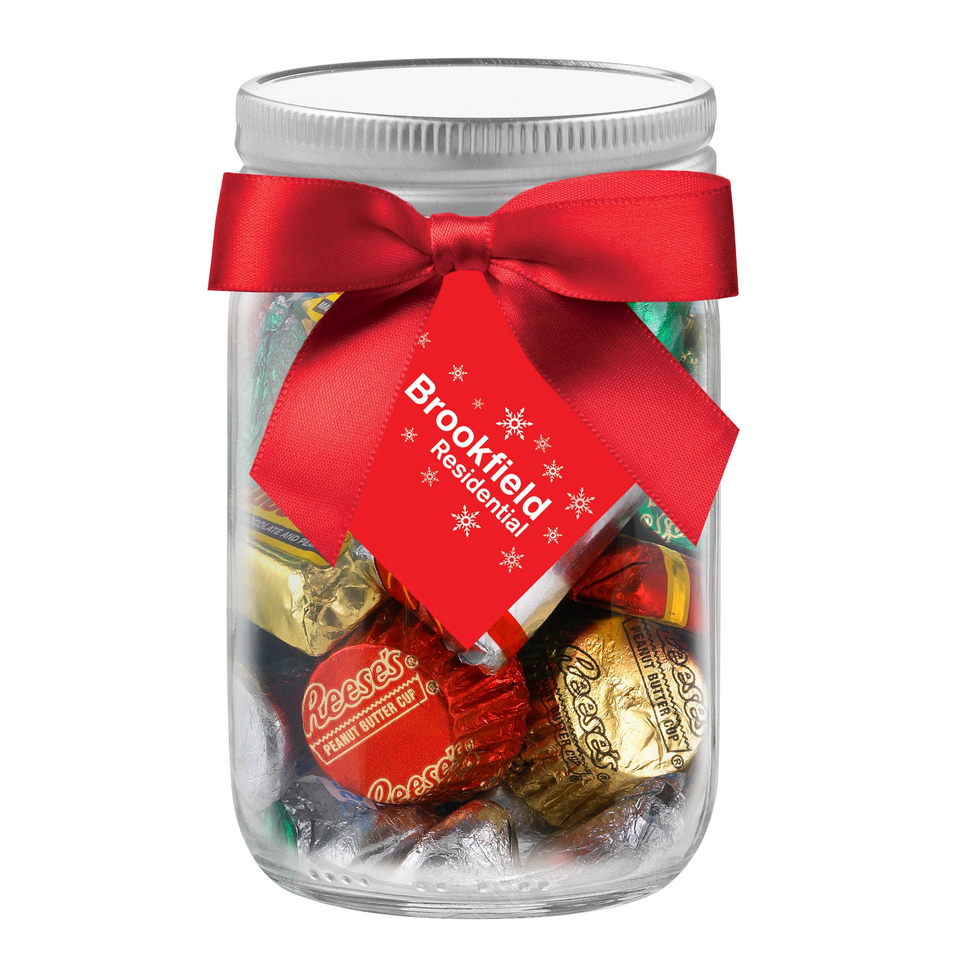 12 oz Glass Mason Jars with Satin Bow filled with Hershey's Assortment