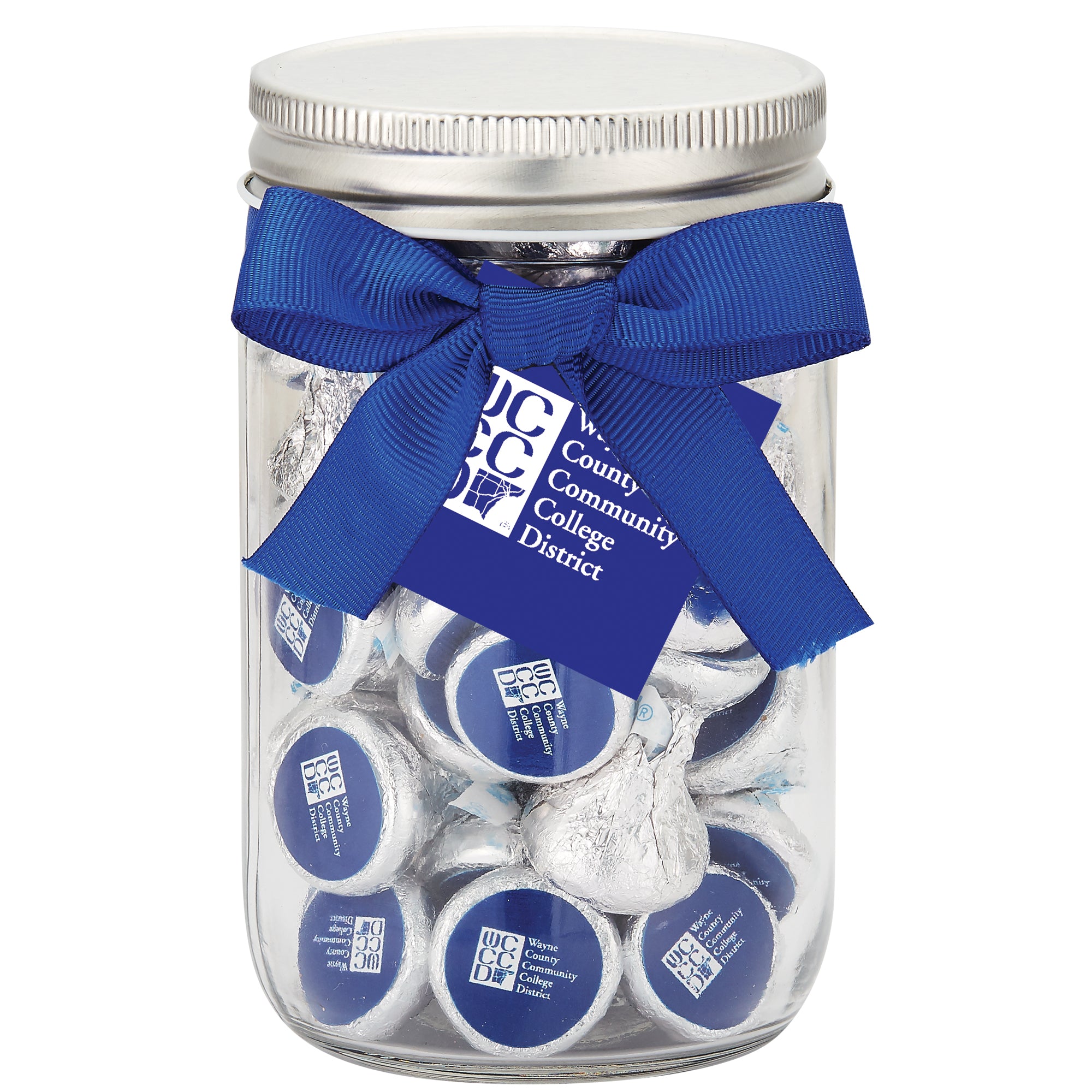 12 oz Glass Mason Jars with Satin Bow filled with Hershey Kisses with logo sticker on bottom
