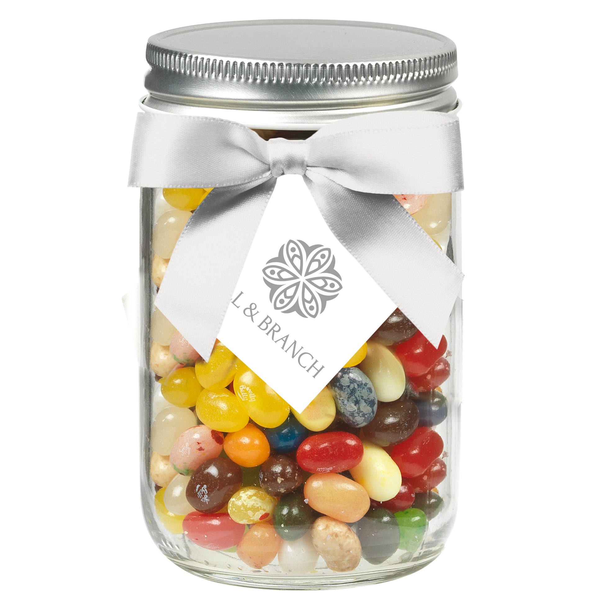 12 oz Glass Mason Jars with Satin Bow filled with Jellybean Assortment