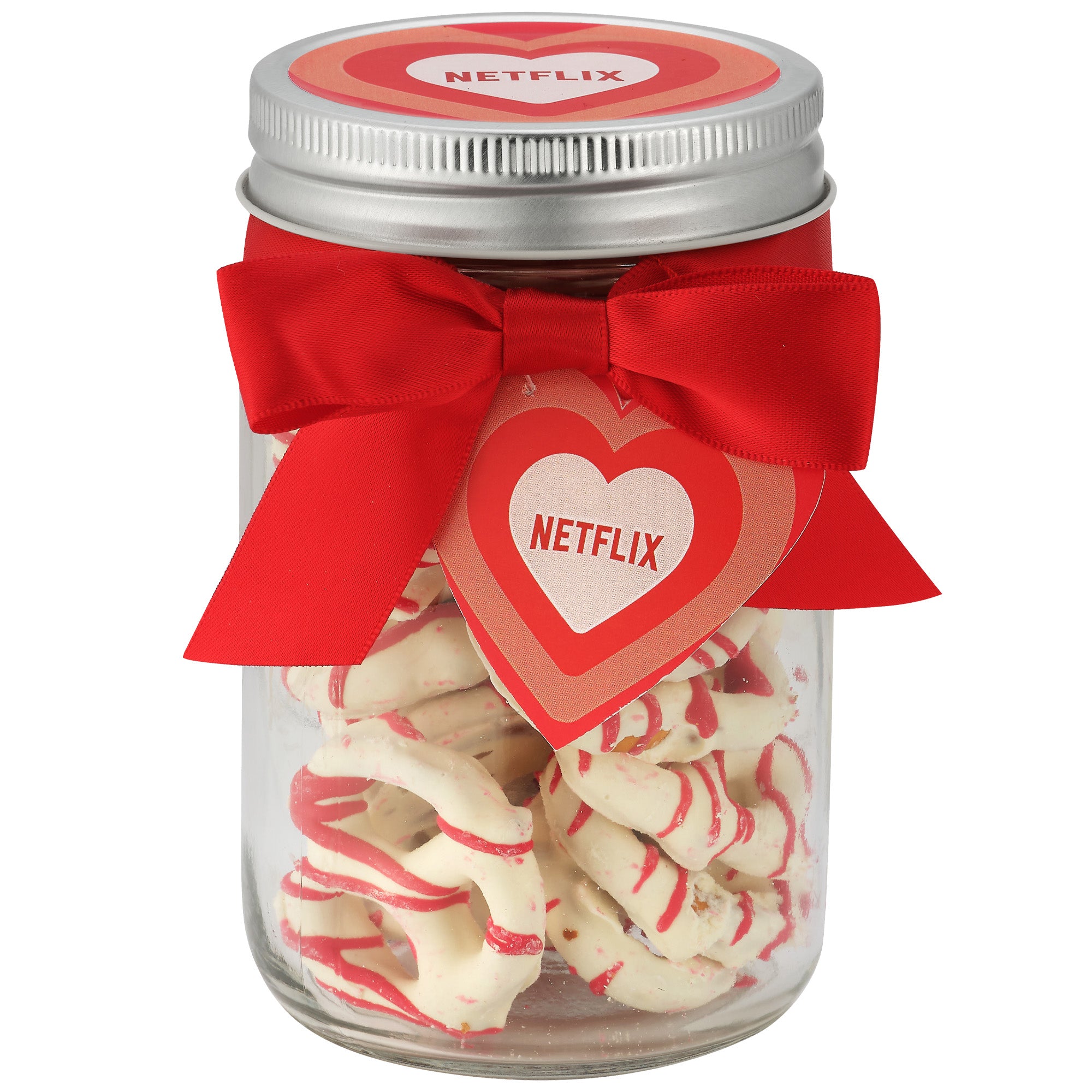 12 oz. Mason Jar with Candy Confections Valentines pretzels